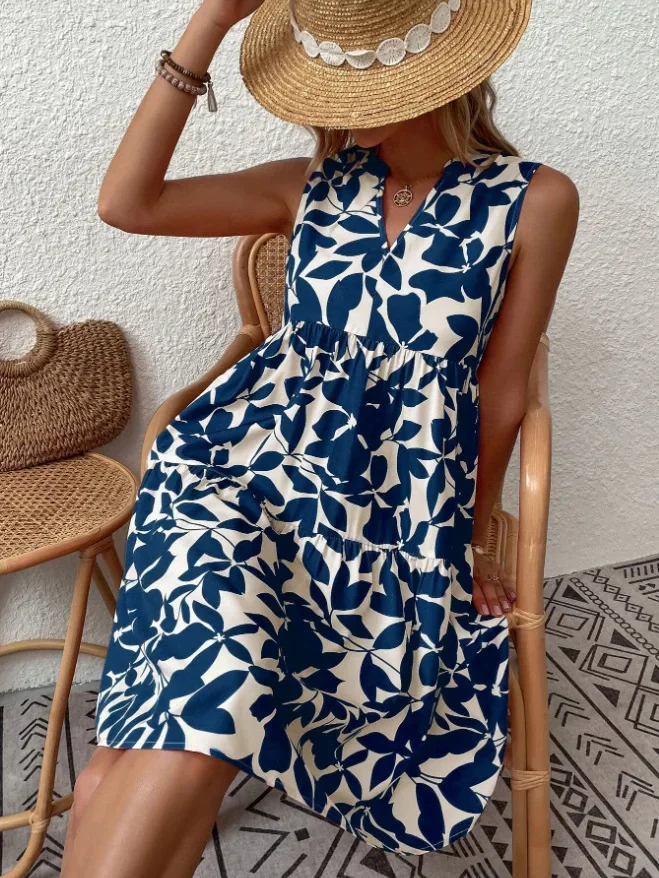 Vrouwen Boho Print Mini-jurk Zomer Elegante Mouwloze V-hals Ruche A-lijn Tankjurk Casual Losse Oversize Beach Party Zonnejurk