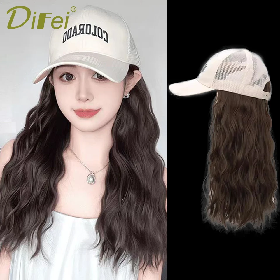 DIFEI Hat Wig Integrated Synthetic Wig Female Summer Long Curly Hair Full Head Breathable Thin Baseball Duck Tongue Wig Hat