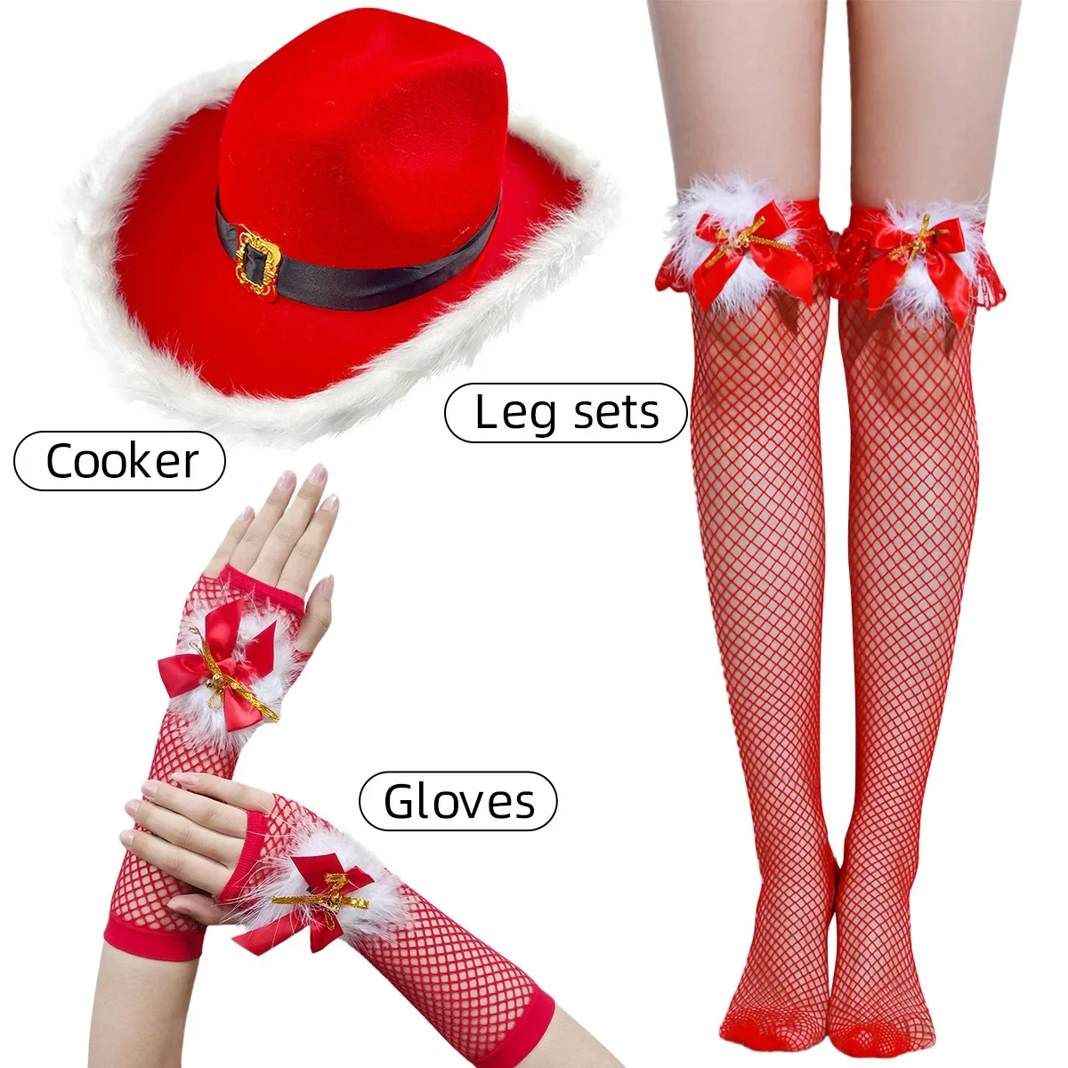 Christmas Hat Santa Hat Holiday for Adults Thigh High Stockings for Women Sexy Fishnet Tights with Bow Accent Santa Accessory