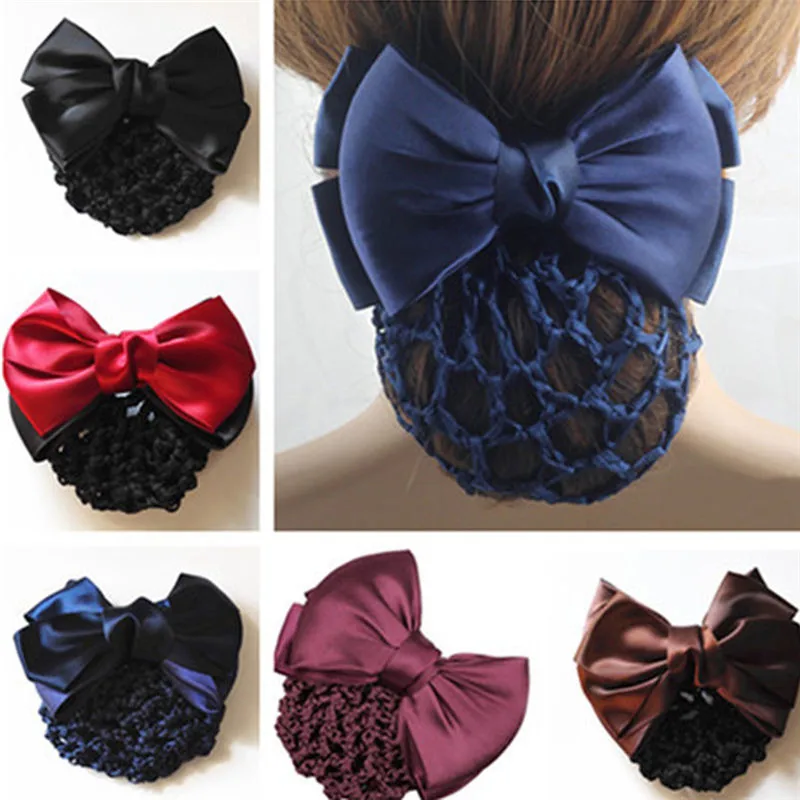 Satin Bow Hair Net Barrette Flight Attendant Ribbon Hair Clip Hair Bun Cover Net Headwear Fashion Snood Women Hair Accessories