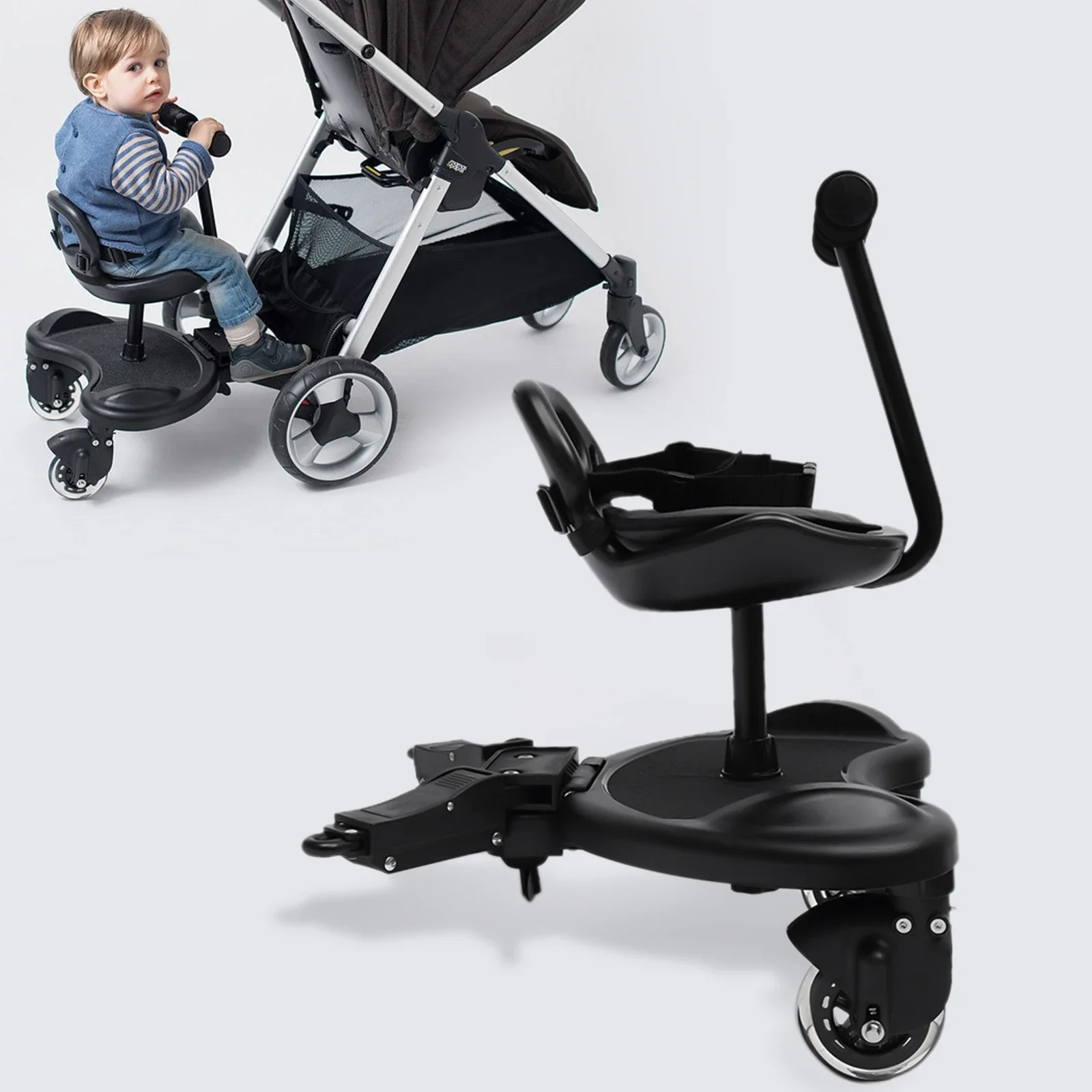 

Universal Stroller Board, 2-in-1 Child Rider Stroller Attachment Kid Board Buggy Wheeled Board with Seat for Most of Strollers