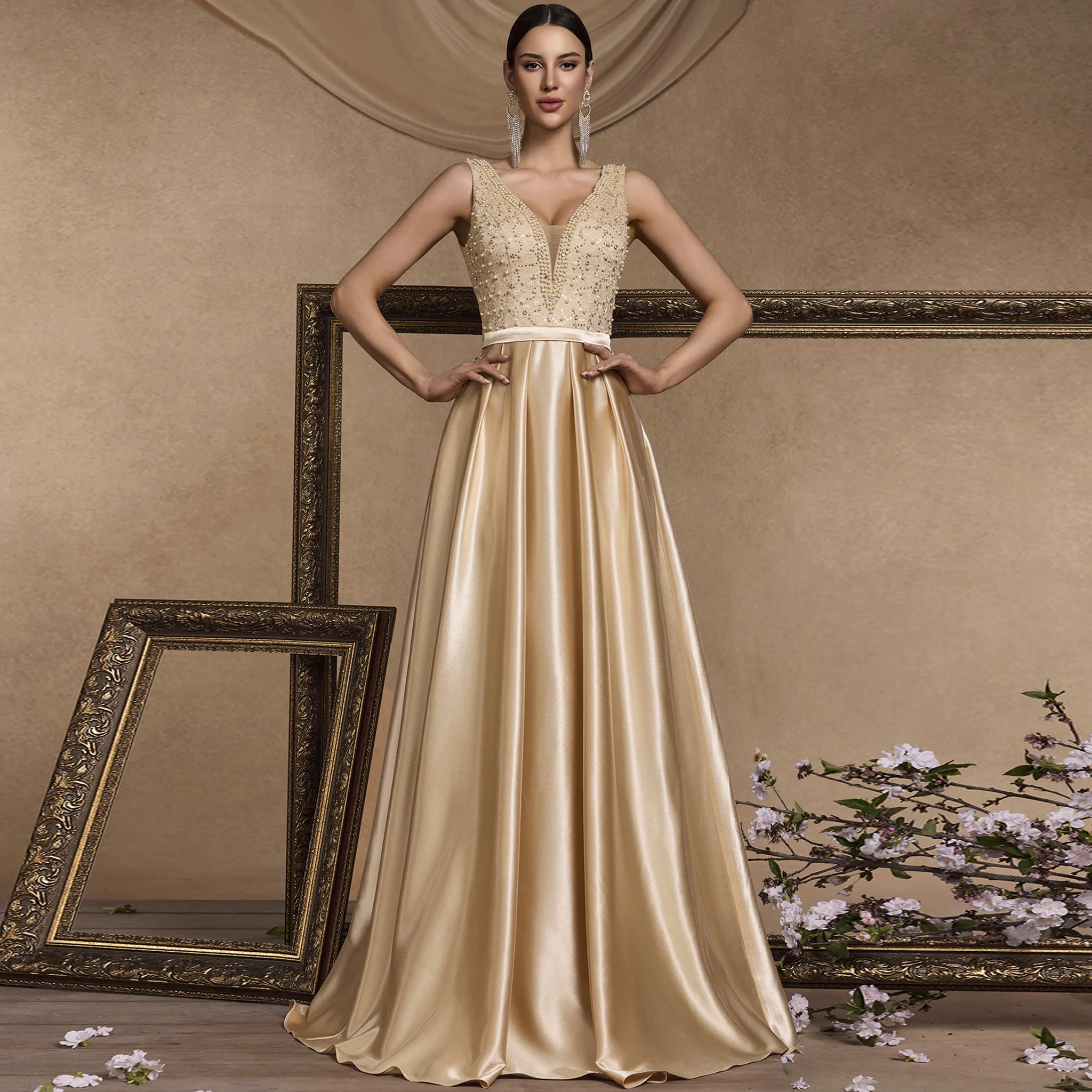 

Rosymae V-neck Midi Formal Dress Champagne Color for Wedding Guest Elegant Quality Material Flattering Design Statement Dress