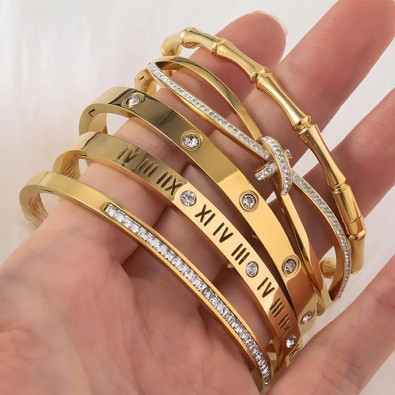 18K Gold Plated Stainless Steel Bangles Roman Numeral CZ Inlaid Stackable Love Bracelets for Women Daily & Party Jewelry