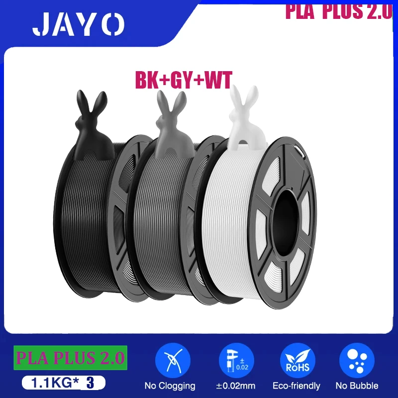 JAYO PLA+2.0 3D Printer Filament 3 Rolls PLA Plus 2.0 No Bubbles Smooth Multiple Colors 3D Filament Fit for FDM Printers 1.1KG
