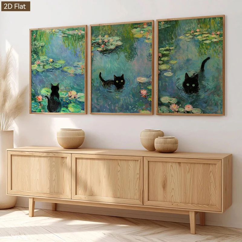 3pcs Monet Water Lily Pond & Black Cat Canvas Wall Art - Vertical Impressionist Oil Painting Prints Suitable for Living Room