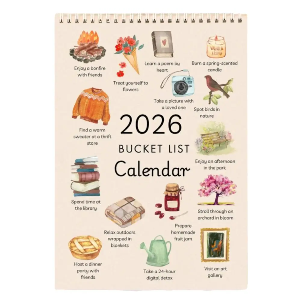 

Simple Style Bucket List Calendar Notes Planning Colorful 2026 Wall Calendar Wish list Cartoon Pattern Desktop Calendar Gifts