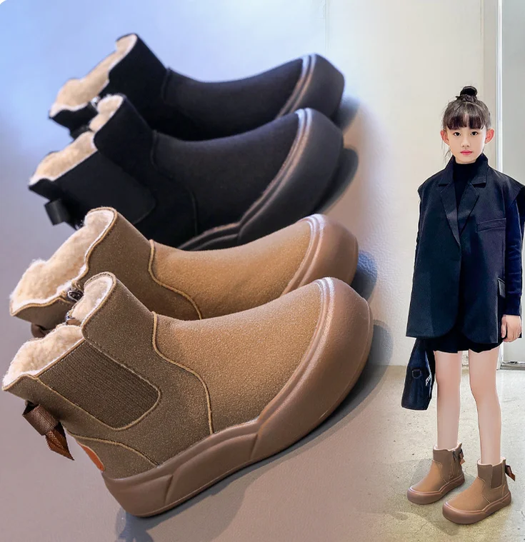 แฟชั่นกลับผีเสื้อ Suede กลางลูกวัวรองเท้าบูทสําหรับสาวคลาสสิกรอบ Toe Princess Platform รองเท้าเด็กรองเท้าเชลซี