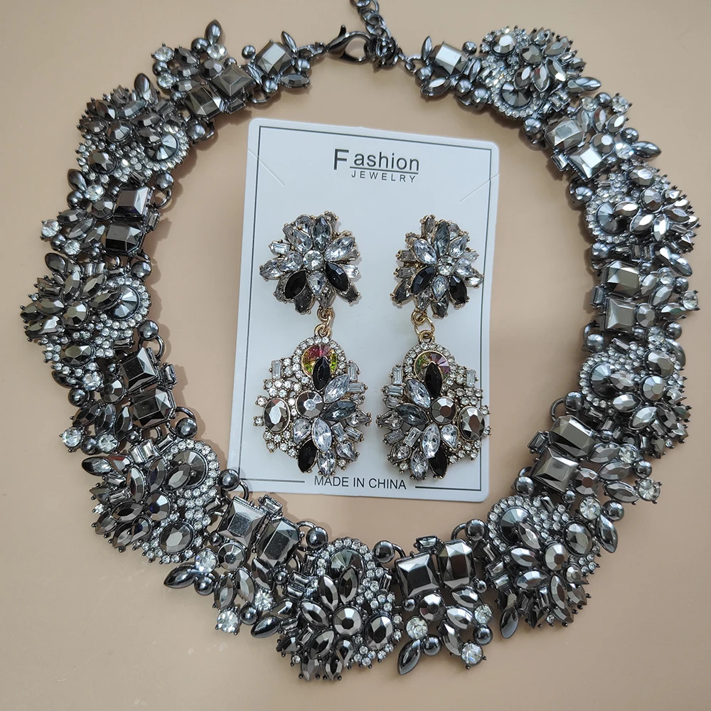 Party Jewelry Accessories Gorgeous Women's Fashion Gothic Black Crystal Rhinestone Dangle Earrings and Statement Necklace Set