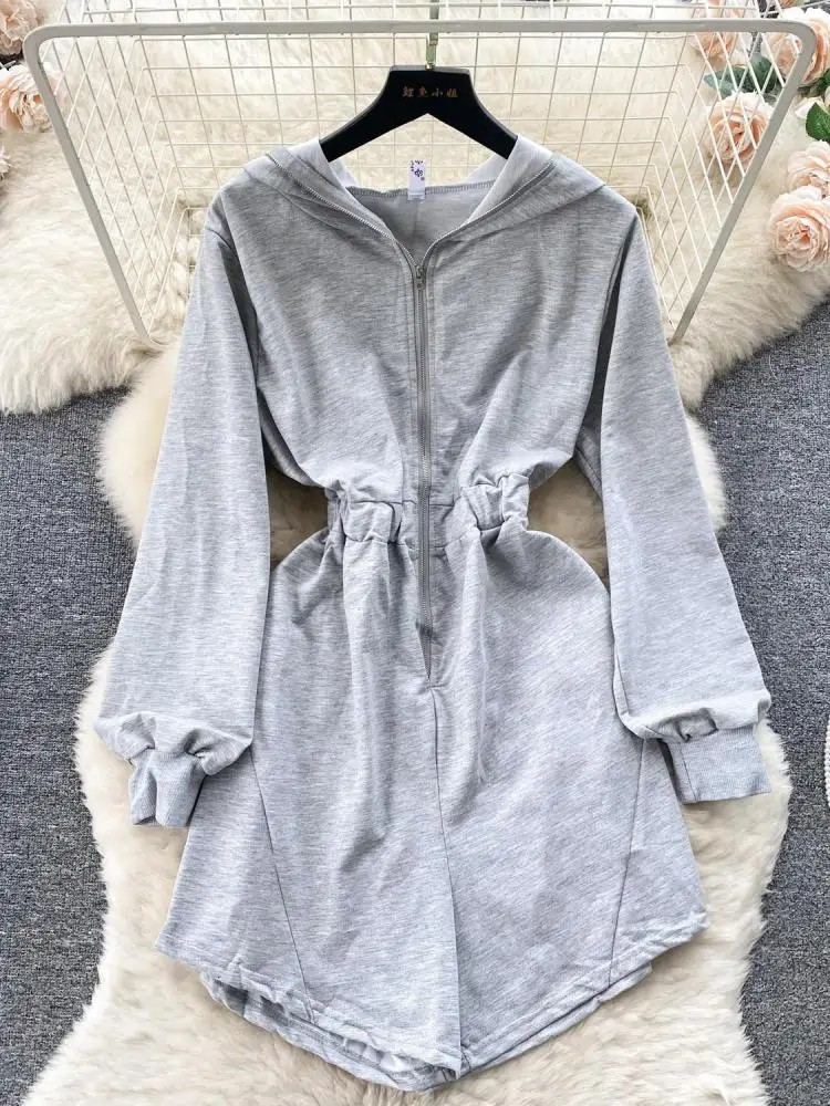 

Женский однотонный повседневный комбинезон на молнии с широкими штанинами, корейские спортивные костюмы с капюшоном и длинными рукавами, Новинка осени 2023, цельная одежда, шикарная