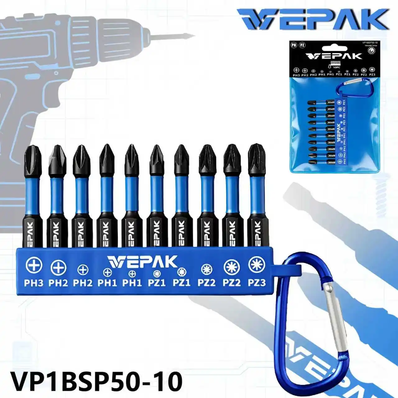 VEPAK VP1BSP50-10 Industrial Impact Screwdriver Bit Set 50mm S2 Steel Anti-Slip Magnetic Carabiner Clip PH/PZ/Torx Mix for Elect