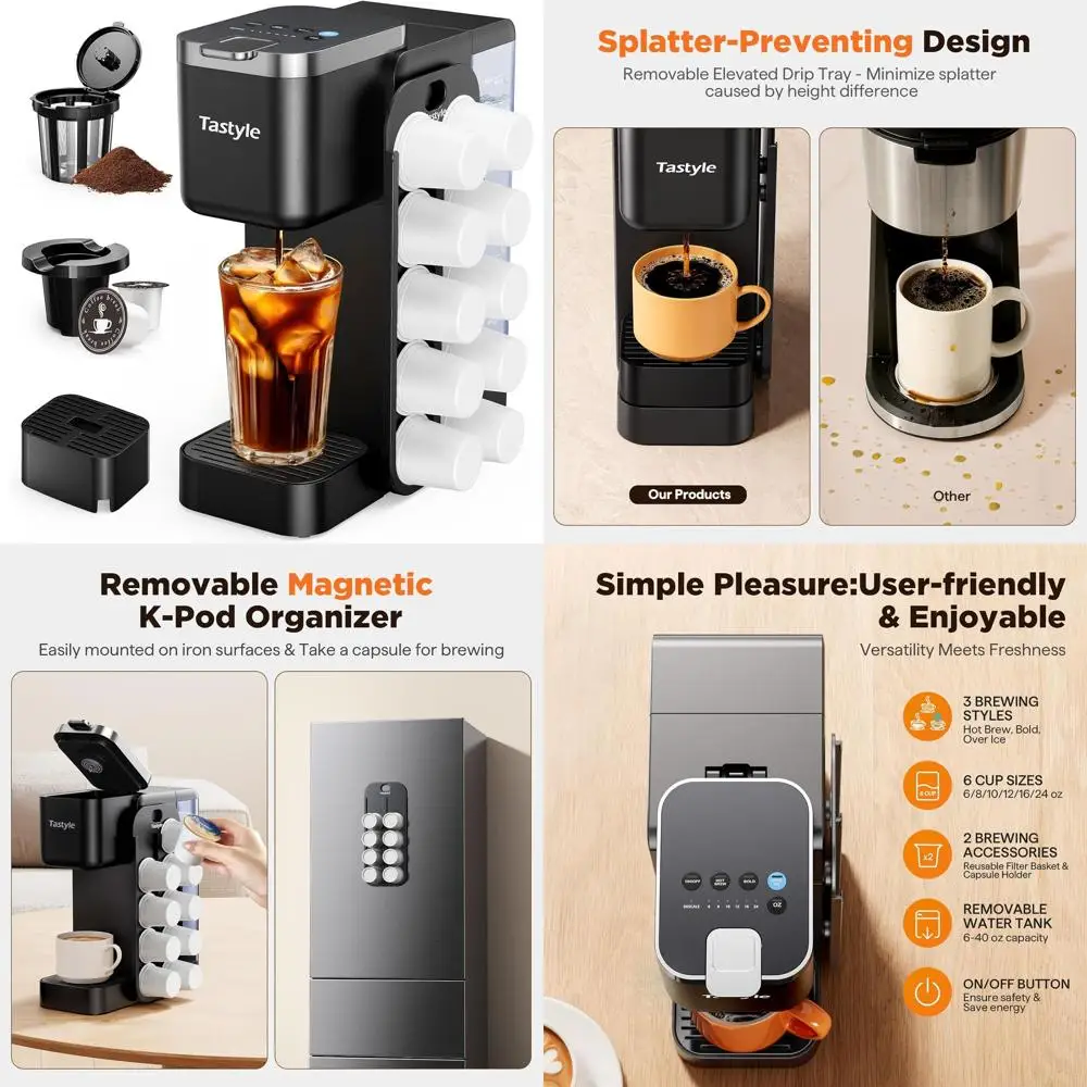 

Magnetic Pod Organizer Coffee Maker: 10-Pod Storage, 4-5 Cups, KCup & Grounds Compatible, 40oz Tank, Black