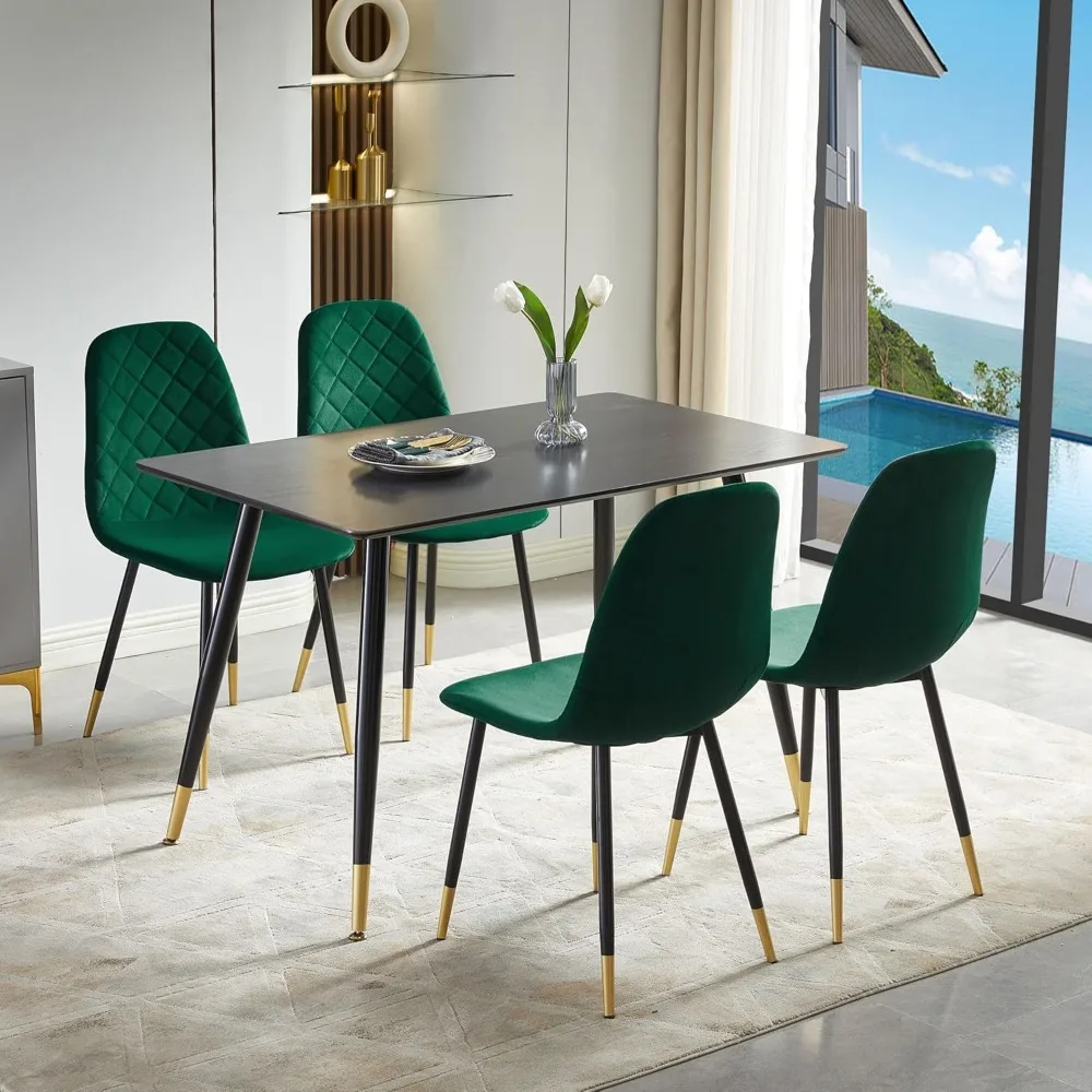 5-piece Dining Table Set, 47 Inch Modern Rectangular Dining Table and 4 Velvet Cushioned Side Chairs, Metal Legs, 4-person Set