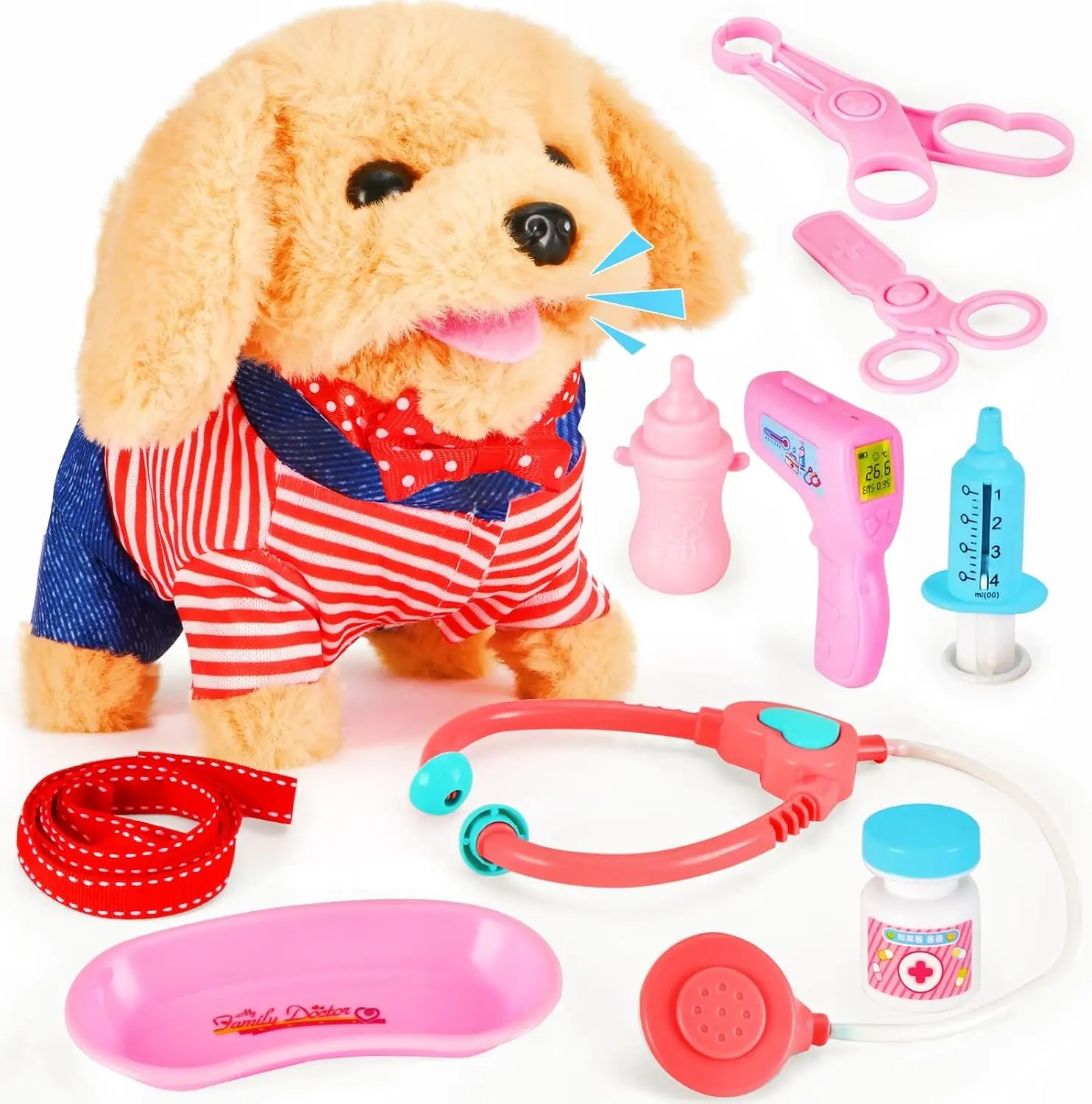 

10 Pcs Interactive Robot Dog Toy - Walking & Stuffed Puppy with Vet Role Play, Educational Gift for 3-7 Year Old