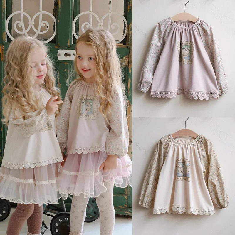 

2025 Spring and Autumn New Korean Children Girls Sweet Floral Cute Printed Long Sleeve Doll Shirt Cute and Versatile