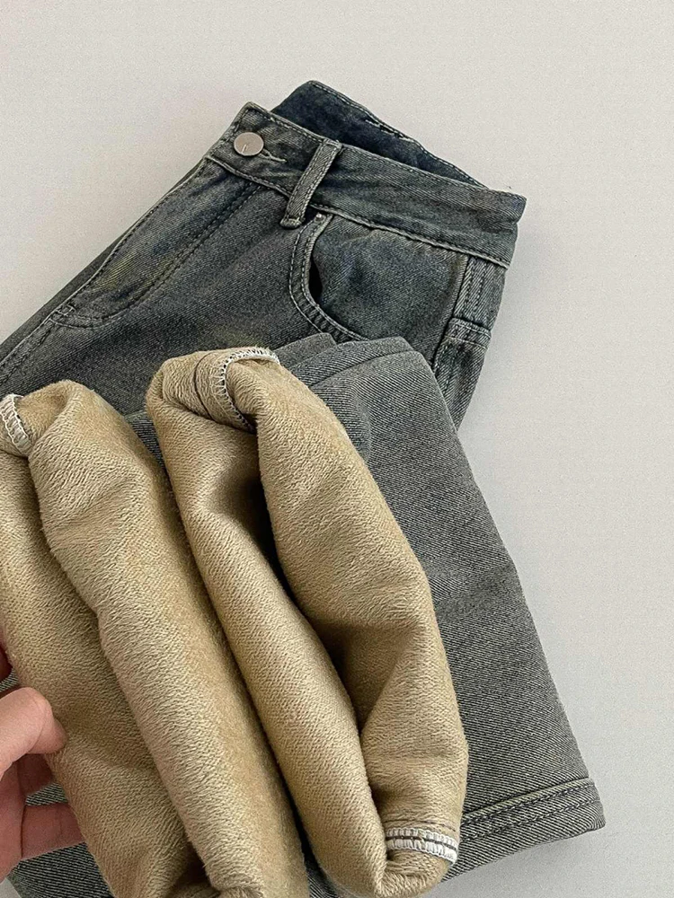 Women's Plush Thicken Denim Pants 2024 Winter New Vintage Blue High Waist Straight Warm Trousers Female Fleece Jeans