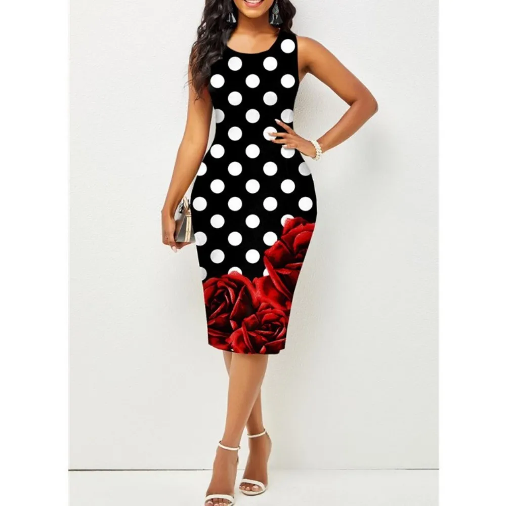 Plus Size Midi Dress for Women Elegant Print Party Dress 2024 Sleeveless Slim Dress