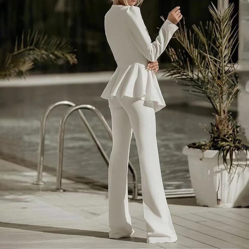 Three Piece Sets Women Full Sleeve Coats Blazer Strapless Long Pants Suits Solid High Waist Trousers Elegant Office Lady