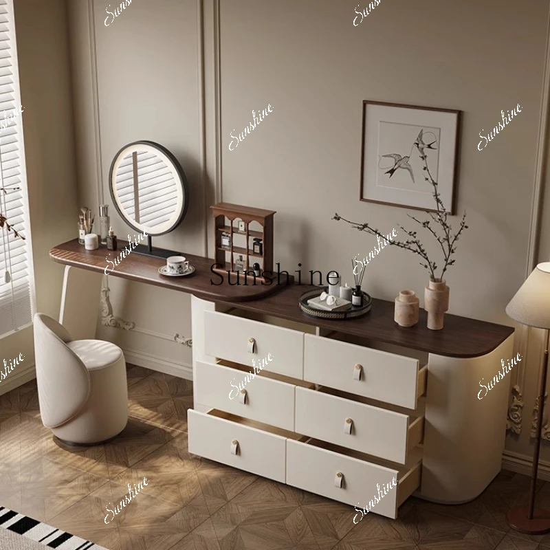 

Medieval style vanity table, chest, bedroom, walnut, saddle leather, retro retractable vanity cabinet FT