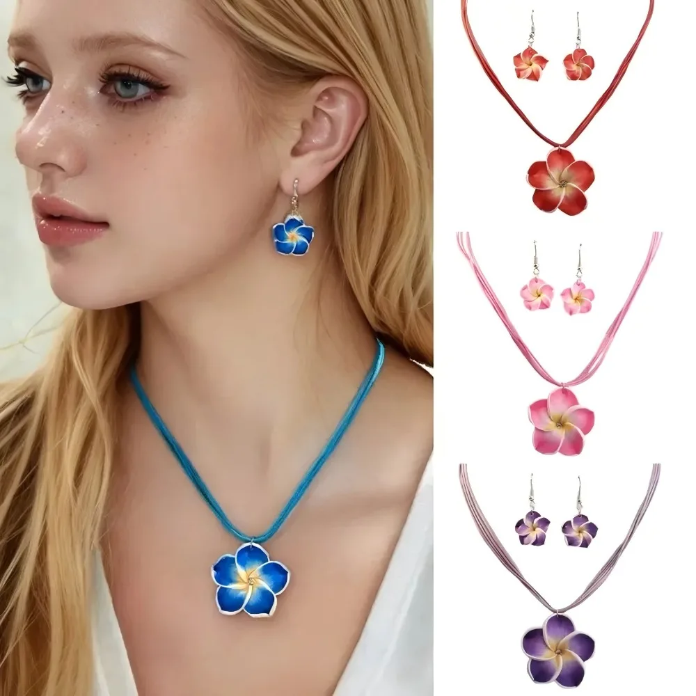 Böhmisches großes Blumen-geflochtenes Schmuckset für Frauen, Frangipani-Blumen, Halskette, Ohrringe, Mädchen, Strandparty, Schmuckdekoration