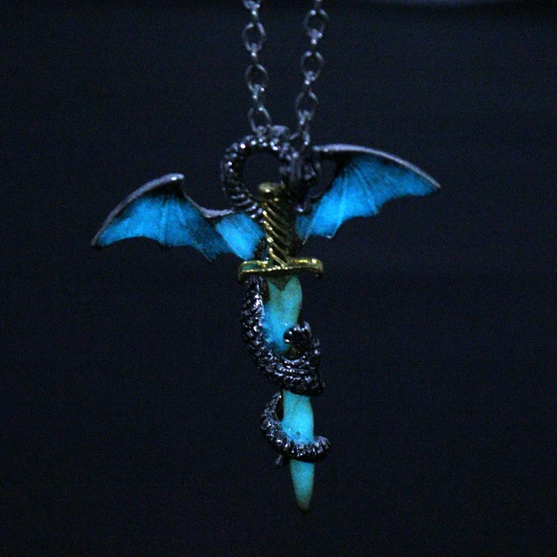 Stainless Steel Luminous Fly Dragon Sword Pendant Chain Necklace Mens Jewelry