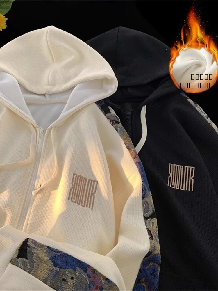 

Мужская толстовка с капюшоном и нашивками в стиле пэчворк, осенне-зимняя, утепленная, на флисовой подкладке, свободного кроя, на молнии, молодежная модная верхняя одежда