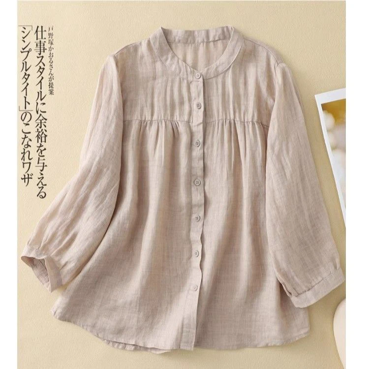 Women's Cotton Linen Loose Fit Summer Fashionable Casual Shirt Thin Lightweight Sun Protection Seven-Quarter Sleeve Top