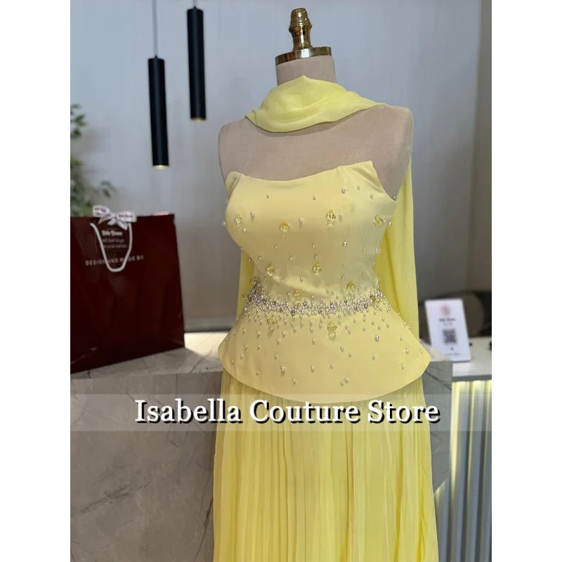 2ピースイブニングドレスアラビアンパーティードレスカスタマイズされたストラップレスノースリーブクリスタルパールプリーツプロムドレスケープ付き