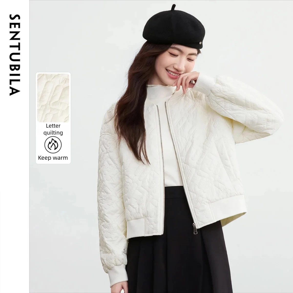 

SENTUBILA Women's Baseball Collar Quilted Coat 2025 Winter Loose Fit Comfortable Letter Print Casual Commuter Coat W54MB3406