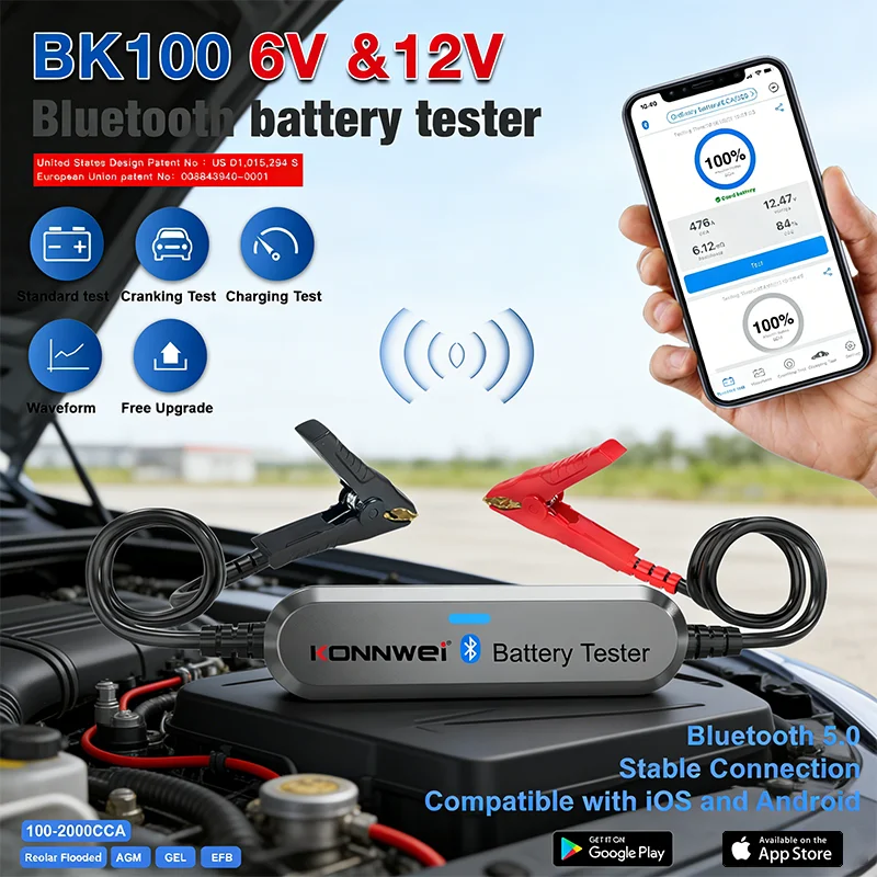 

2026 New KONNWEI BK100 Car Moto Battery Tester Bluetooth 5.0 6V 12V Battery Monitor 100 to 2000 CCA Charging Cranking Test Tool