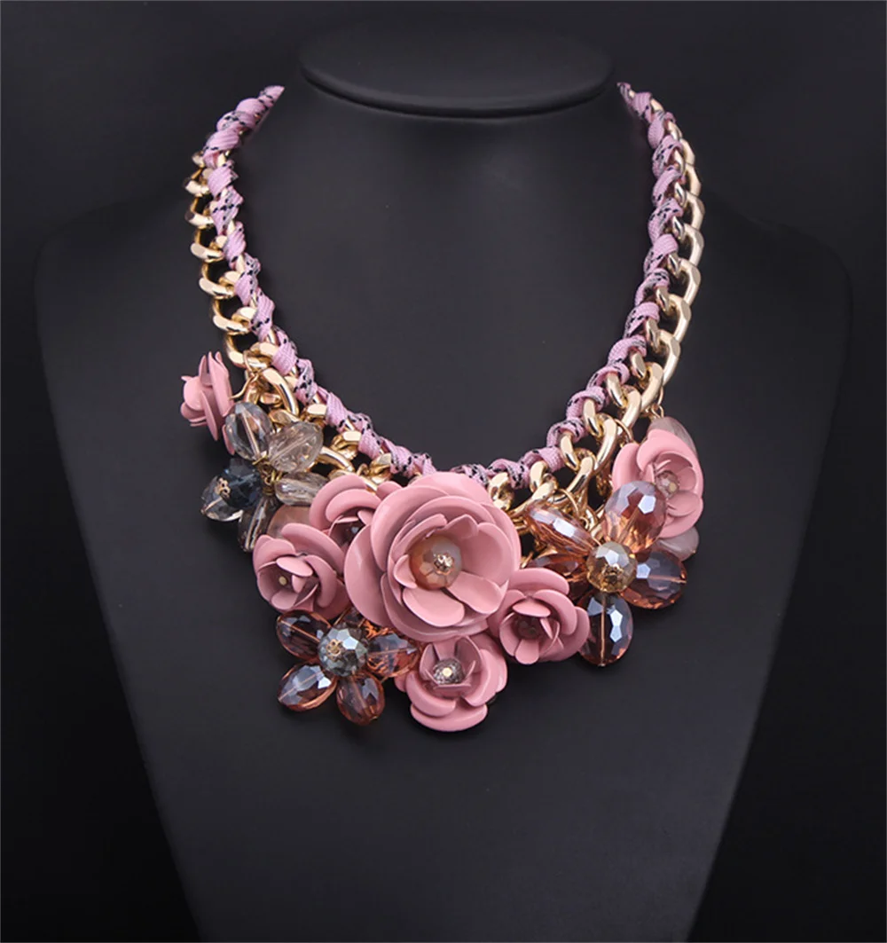 Charming Pink Flower Crystal Handmade Choker Necklace Woman\'s Exaggerated Jewelry Trendy Bridal Birthday Banquet Accessories