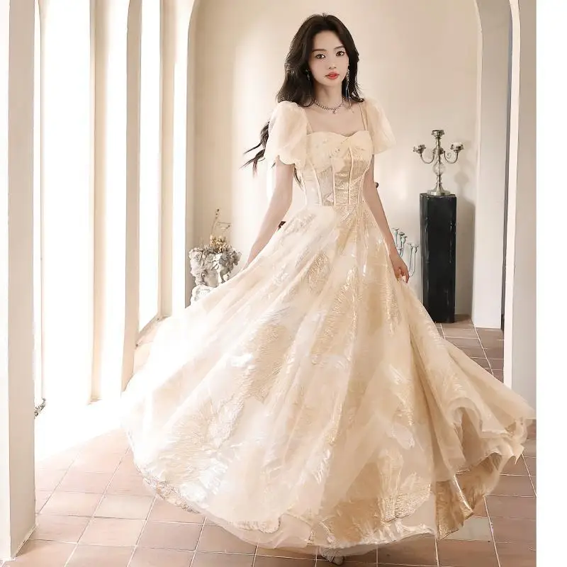 Französisch quadratischen Kragen Abschluss ball Kleid Licht Luxus Champagner Druck formale Bankett Kleid Puff Ärmel Ärmel lange Abschluss Vestido