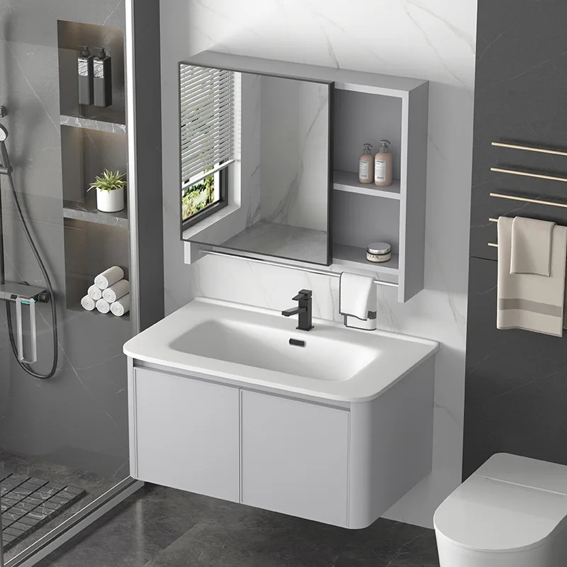 

Customized rounded corner space aluminum bathroom cabinet combination anti-bump wash hand washbasin toilet ceramic integrated ba