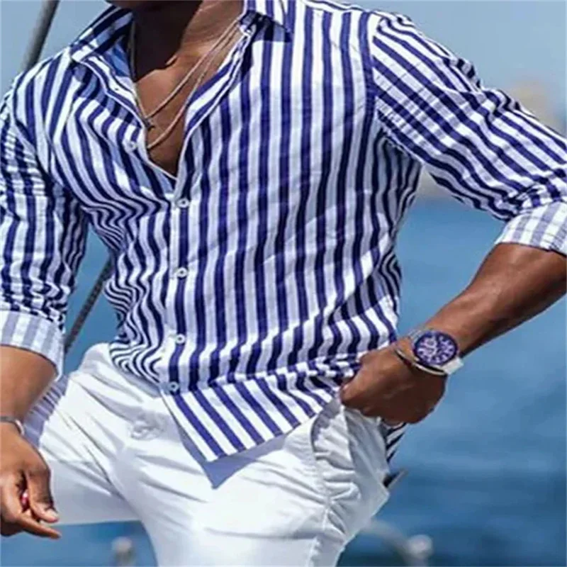 2024 New Men\'s Long Sleeve Blue Stripe Printed Shirt Men\'s Social Luxury Men\'s Hawaiian Elegant Classic Fashion S-6XL