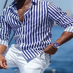 Camisa estampada listrada masculina, de manga comprida, azul, social, Luxo, havaiana, elegante, moda clássica, S-6XL, Novo, 2022