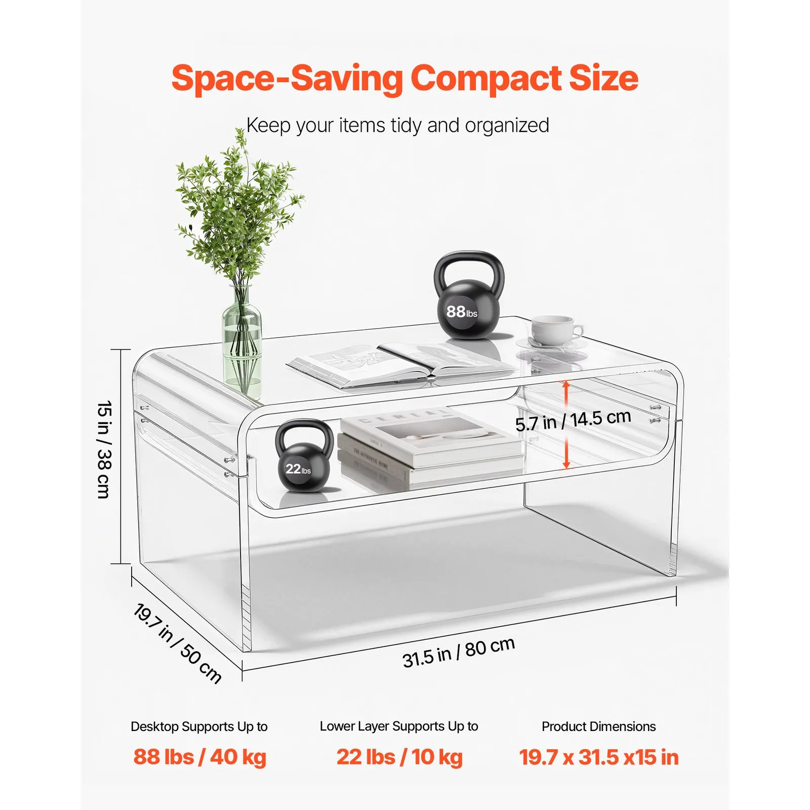 طاولات المقهى، طاولة قهوة أكريليك شفافة مع رفوف تخزين من طبقتين، تصميم شفاف حديث لغرفة المعيشة