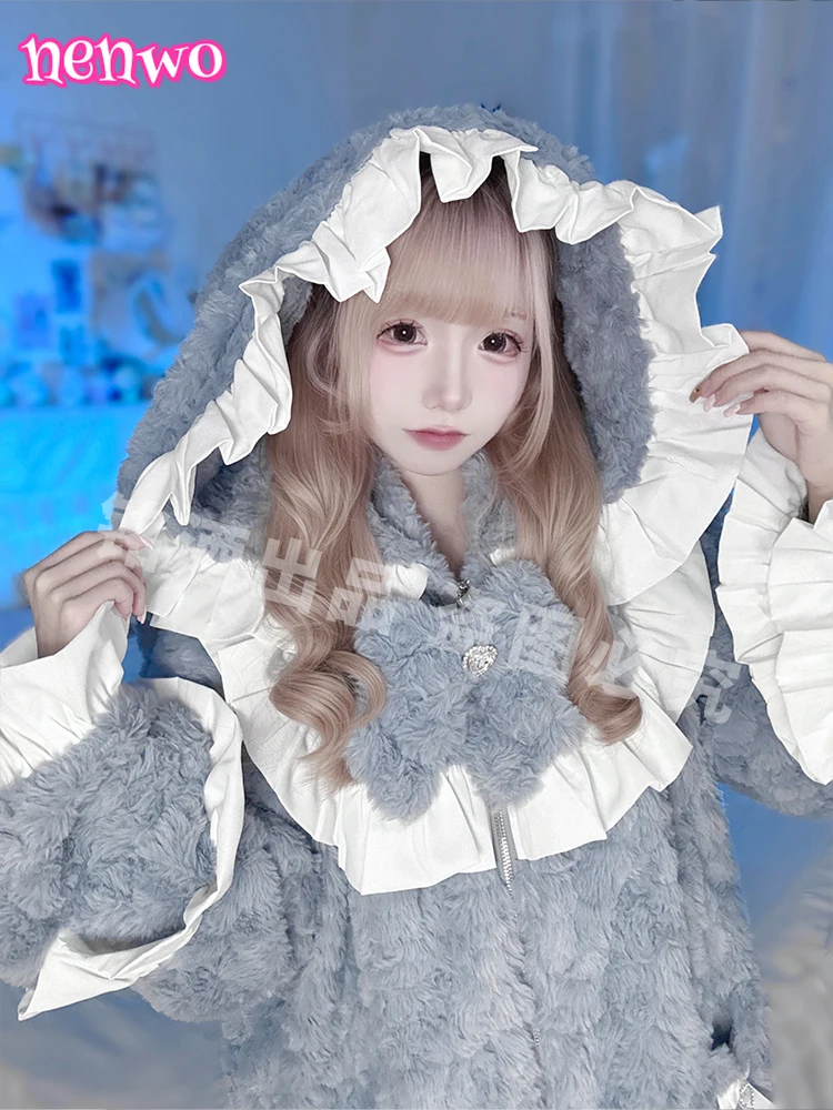 Pelzmäntel Mädchen Süße Kawaii Mit Kapuze Plüsch Pelzjacke Frauen Herbst Winter Lose Mittellange Y2k Massenproduzierte Mine Kunstpelzmäntel