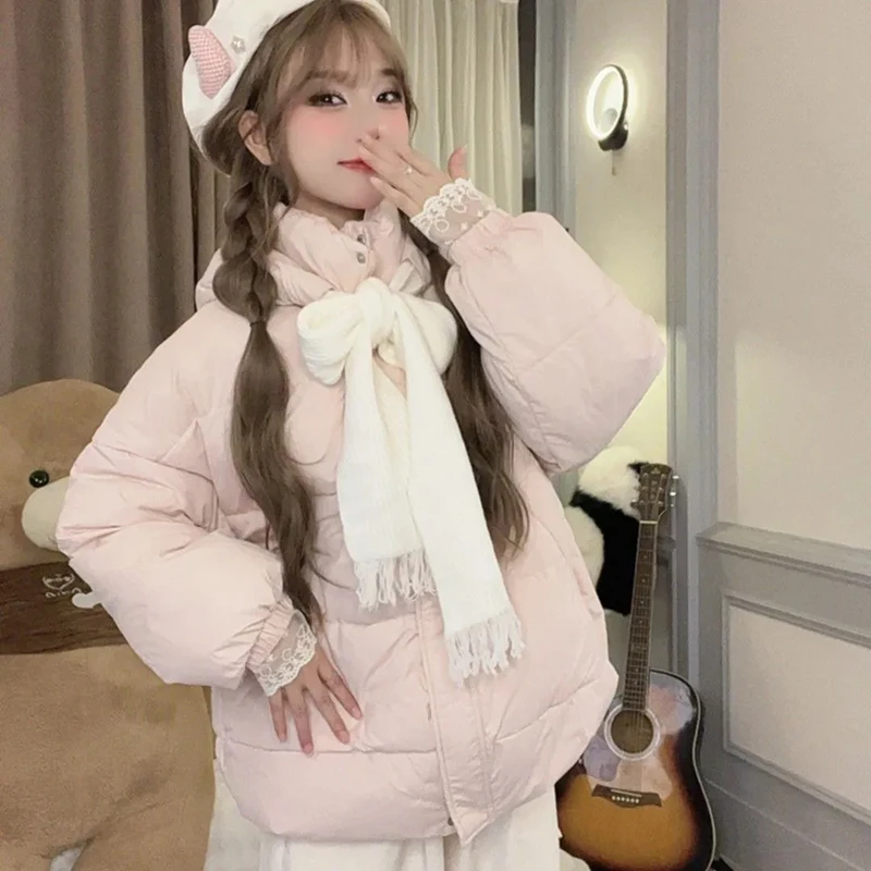 Preppy Sweet Hooded Parkas Women Winter Thick Removable Scarf Cute Puffy Coats Female Kawaii Student Casual Zipper Chic Outwear