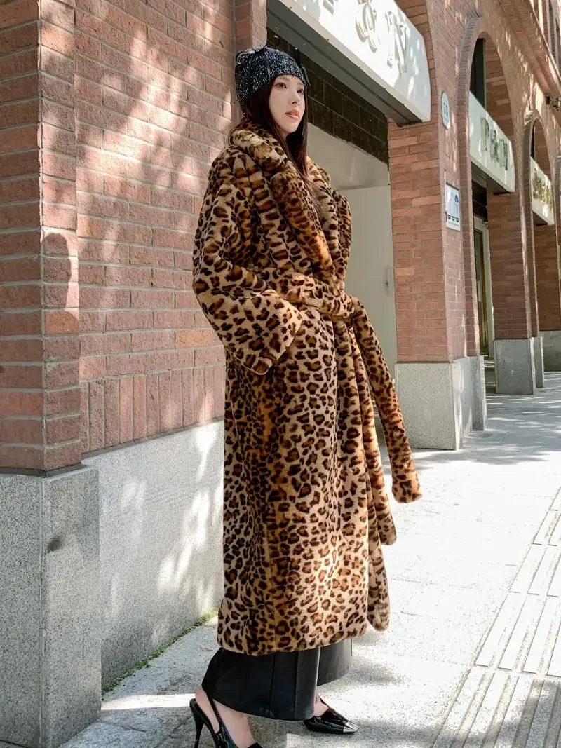 Faux Furry Leopard Print Environmentally Friendly Fur Long Loose Suit Collar Wollen Jacket Imitation Rabbit Woolen Over Knee Top