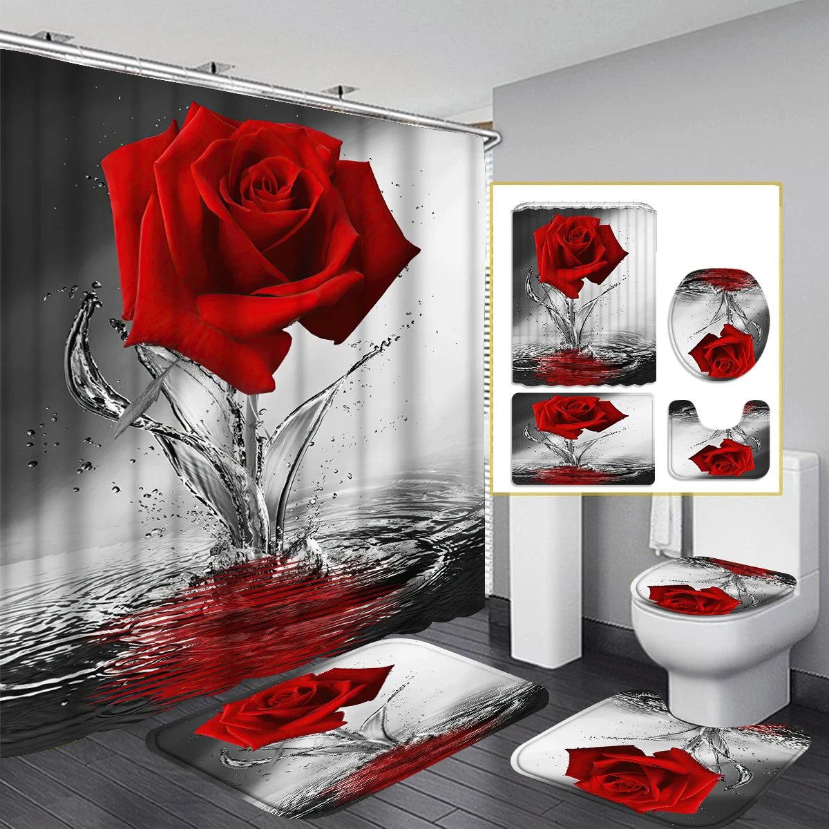 1/4 Piece Shower Curtain Set, Waterproof Bathroom Partition Curtain with Hooks, Anti-Slip Bath Rug, U Shape Mat, Toilet Seat Cov