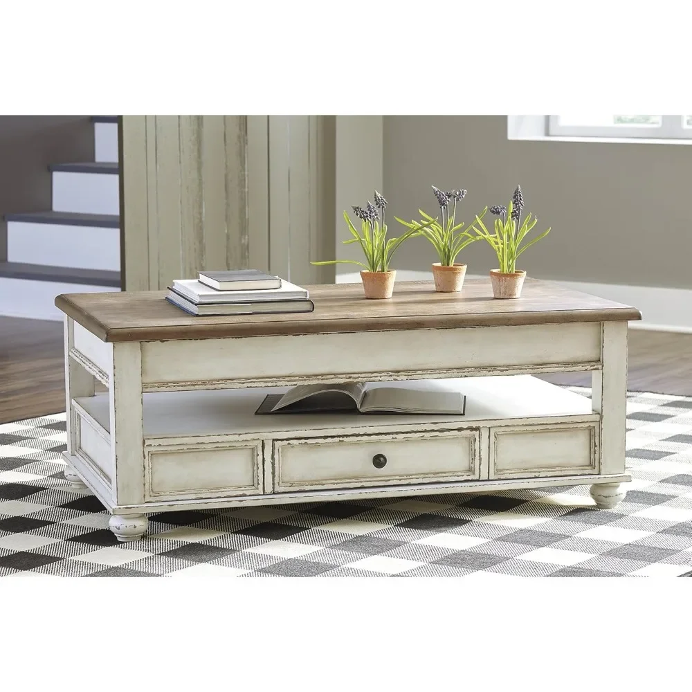 Rectangular Lift Top Coffee Table with Storage Drawer, White & Brown