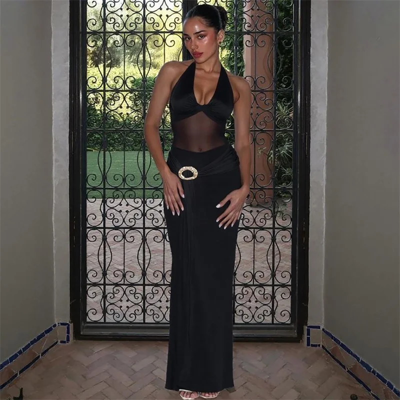 

Sexy Black Golden Sheer Women's Prom Dress Halter Neck Sleeveless Backless Long Formal Sheath Pageant Robes Party Evening Gown