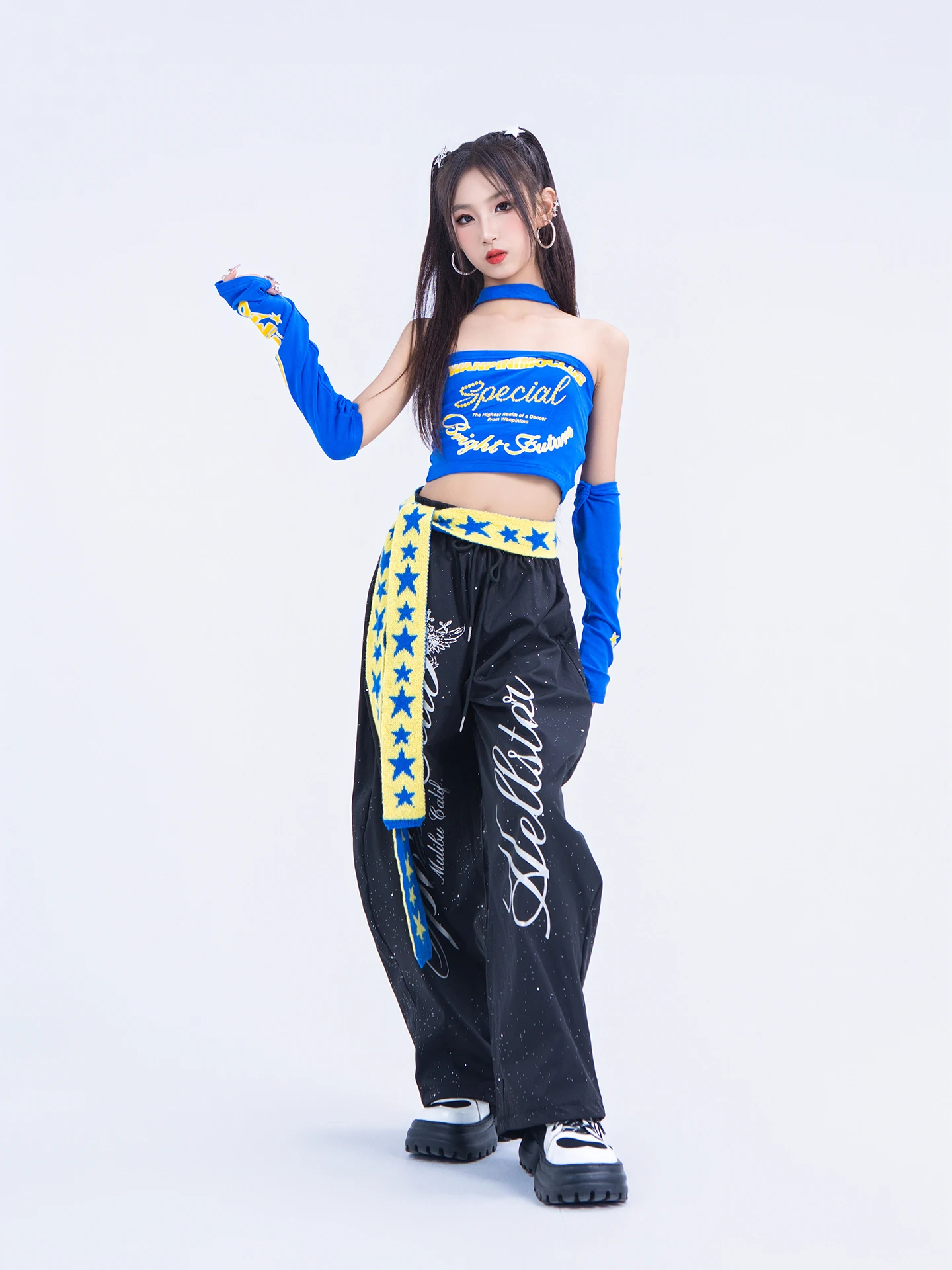 2025 Kinderen Hip Hop Danskostuums Voor Meisjes Blauw Crop Tops Zwarte Broek Pak Moderne Jazz Dansvoorstelling Kleding DQS 20889