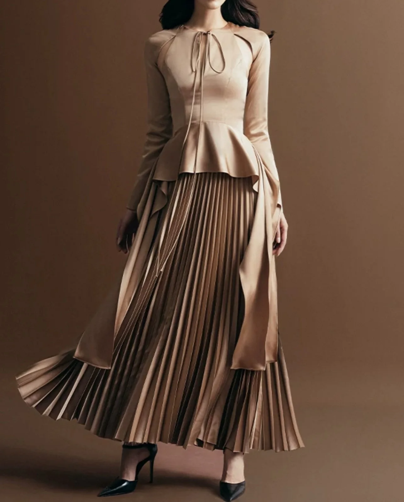 

Customized Modern Satin A-Line Evening Dress Temperament Long Sleeves O-neck Ankle Length فستان سهرة نسائي