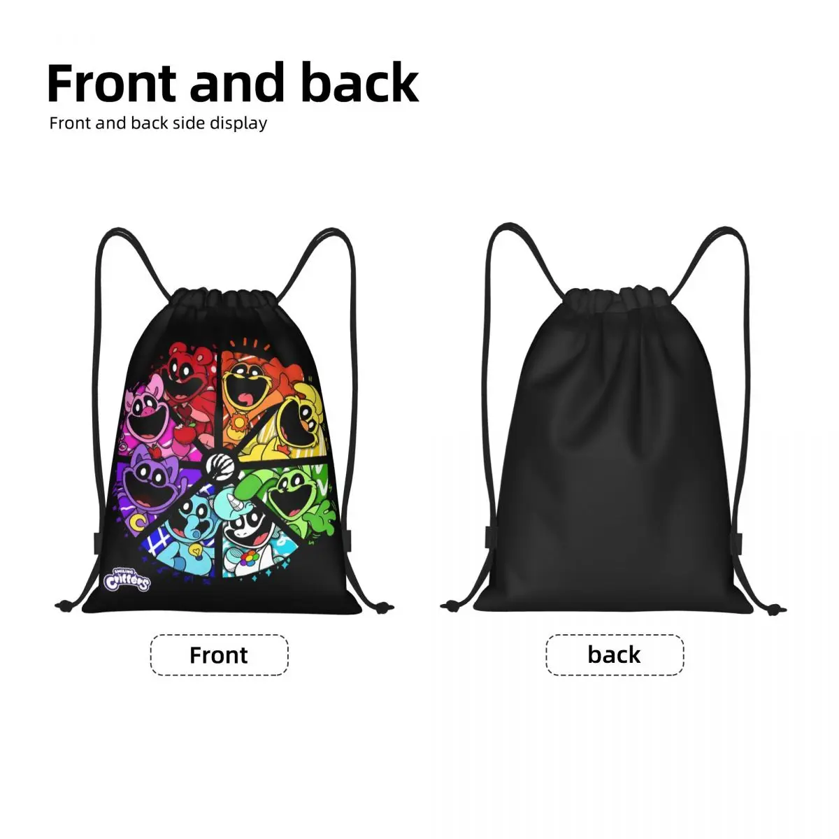 Custom Colorful Smiling Big Mouth Critters Group Drawstring Backpack Gym Sport Sackpack Portable Scarry Animated Game Bag Sack