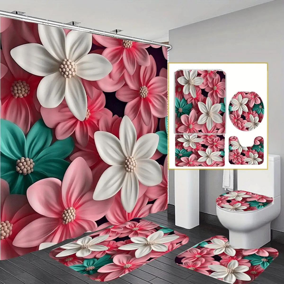 

Занавеска для душа из полиэстера с 3D цветочным принтом, моющаяся, домашний декор для душа в ванной комнате с 12 крючками, нескользящий коврик для ванной, U-образная форма