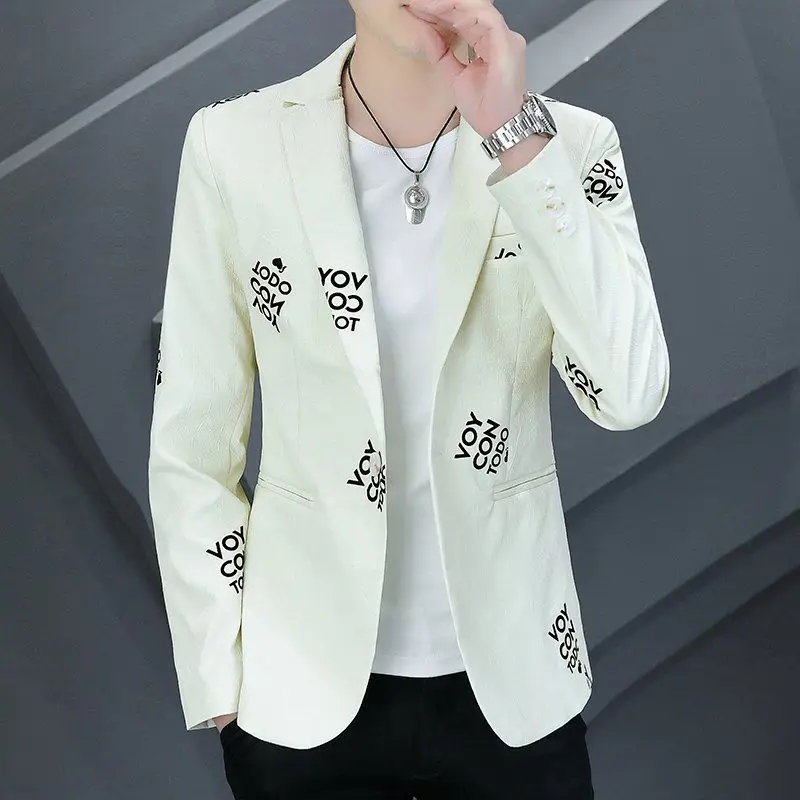 2-A38 Casual, Handsome, Spring Personalized Printed Korean Style Slim Suit Teenage Men's Small Suit Trendy Men's Clothing