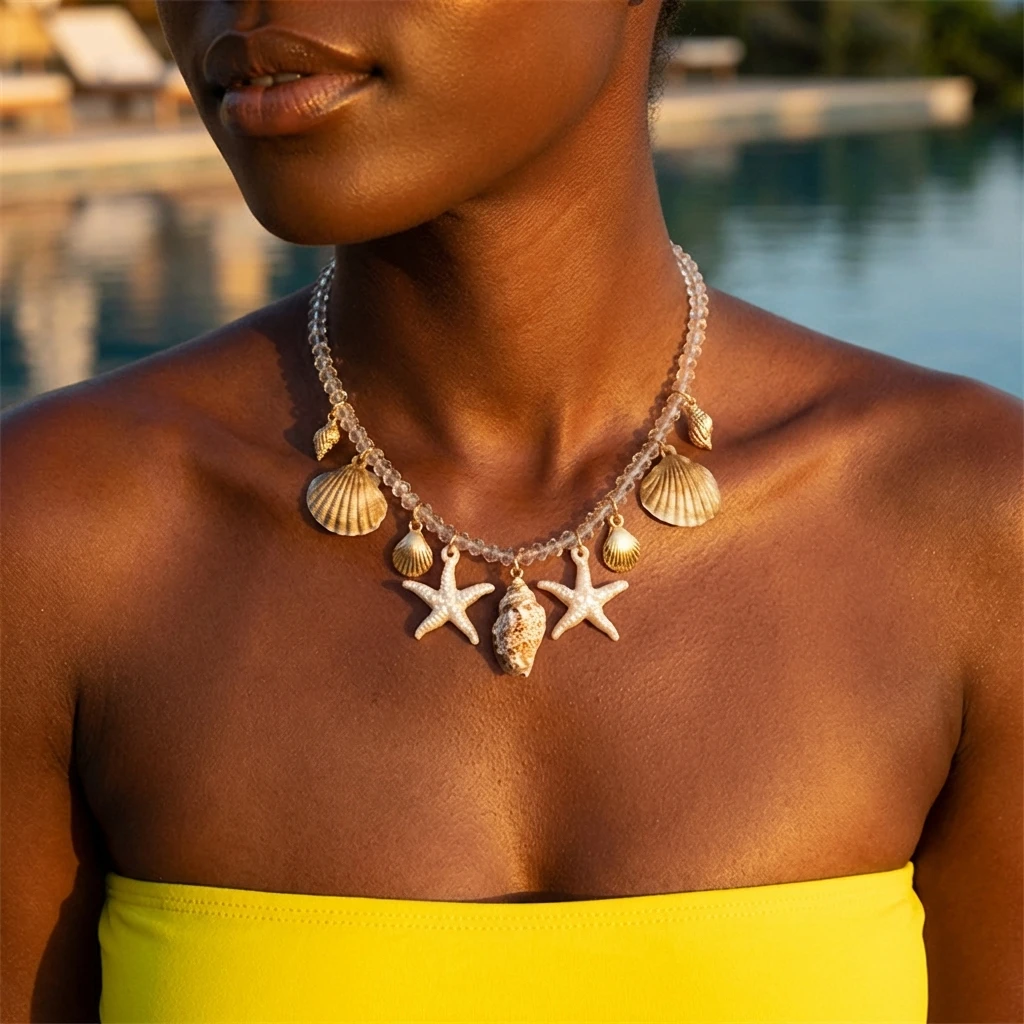 Küsteninspirierte Charm-Halskette mit Transparenter Kette, Choker für Frauen, Sommerurlaub-Schmuck, Erfrischende Marine-Ästhetik für den Urlaubsort – Detail 3