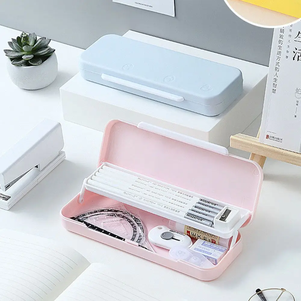 Simple Soild Color Large Capacity Waterproof Macaron Color Pencil Box Pen Case Double Layer Pencil Case Stationery Case