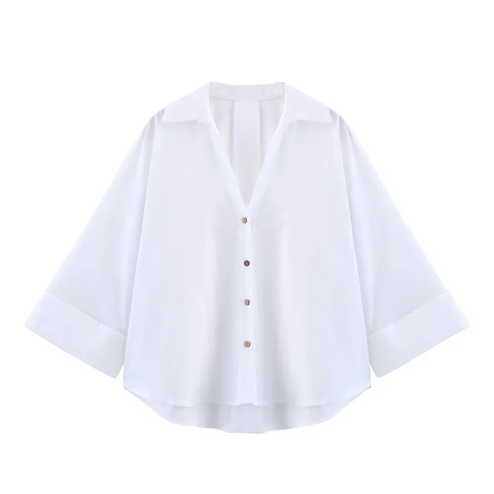 Camicetta da donna con colletto monopetto a maniche lunghe Camicia abbottonata oversize azzurra da donna con maniche arrotolate e scollo a V