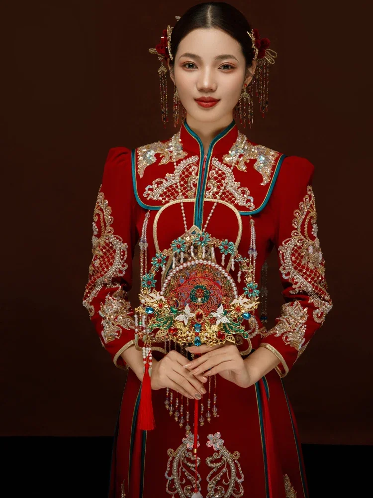 Xiuhe Bride Wedding Dress Wine Red Peony Embroidered 3/4 Sleeve Loose Fashion Chinese Dragon and Phoenix Gown Slimming Retro 1Pc